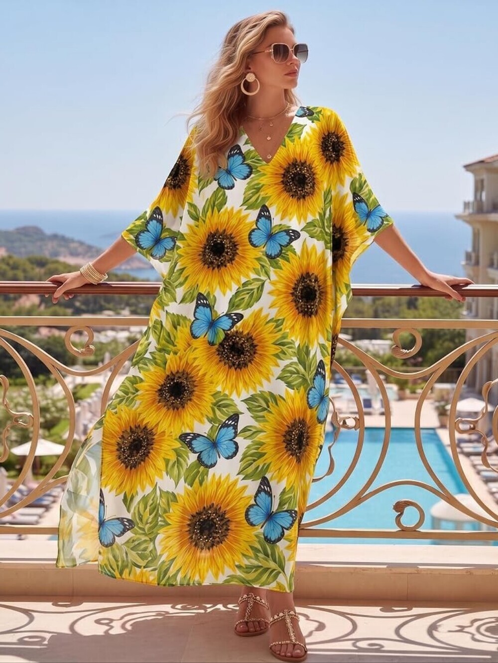 Sunflower Butterfly Print V-Neck Kaftan Dress Cover-Up